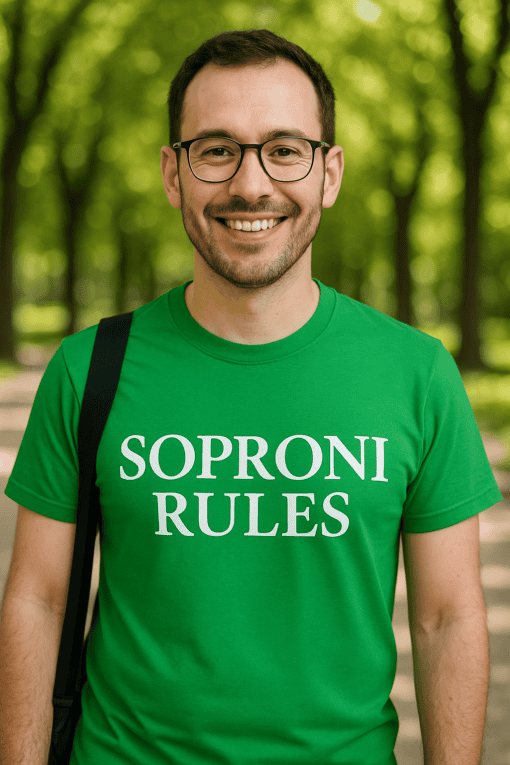 Szorgos férfi mosolyog, zöld pólóban, parkban, természetes fényben.