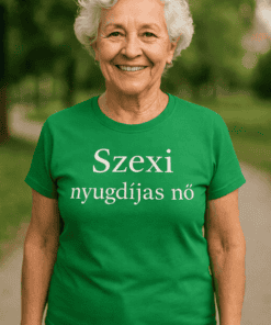 Szexi nyugdíjas nő póló, boldog idős hölgy természetes környezetben, mosolyogva.