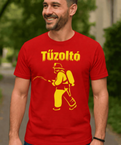 Tűzoltó feliratú piros póló, tűzoltó szimbólummal, kültéri környezetben.