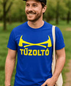 Tűzoltó feliratú kék póló, férfi szabadban, parkban, mosolyogva, barátságos megjelenés.