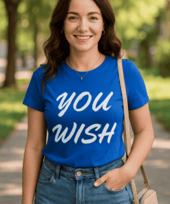 Azonosító póló női, kék színű, "you wish" felirattal, parkban, nyári napfényben.