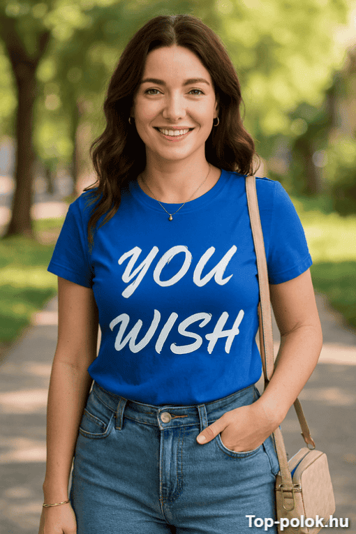 Azonosító póló női, kék színű, "you wish" felirattal, parkban, nyári napfényben.