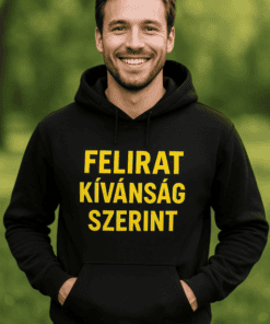 Kívánság szerint felirat a pulóveren, személy a természetben, barátságos mosollyal.