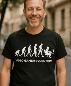 Az emberi evolúció és videojátékok témájú férfi portré, városi környezetben.