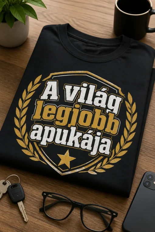 Apa póló, A világ legjobb apukája felirattal, retro kitűző stílusú dizájnnal