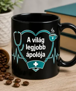 Ápoló bögre teal és fehér EKG-vonalas, szívformába futó mintával és a felirattal: A világ legjobb ápolója