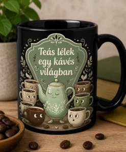 Bögre Teás lélek egy kávés világban felirattal, teáskannás és kávéscsészés illusztrációval