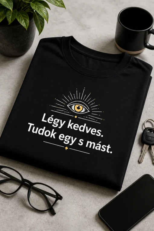 Minimalista vicces póló magyar felirattal: Légy kedves. Tudok egy s mást. kis szem ikon, modern tipográfia