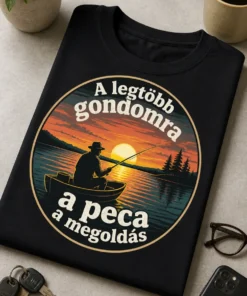 Horgász póló naplementés tóval, csónakban ülő horgász sziluettel és a felirattal: A legtöbb gondomra a peca a megoldás