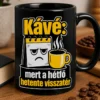 Kávés bögre fekete-fehér-sárga, vicces hétfőellenes dizájnnal: Kávé: mert a hétfő hetente visszatér, grumpy naptár ikon és kávéscsésze.