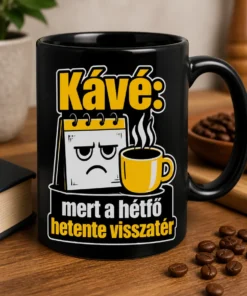 Kávés bögre fekete-fehér-sárga, vicces hétfőellenes dizájnnal: Kávé: mert a hétfő hetente visszatér, grumpy naptár ikon és kávéscsésze.