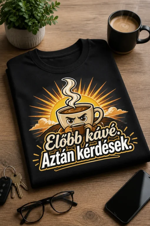 Kávés póló steaming cup dizájnnal és a pontos szöveggel: Előbb kávé. Aztán kérdések.