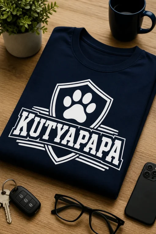 Navy-fehér sportos kutya papa póló, pajzsos mancs emblémával és Kutyapapa felirattal.