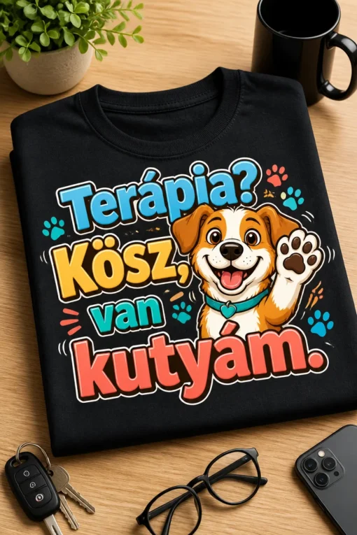 Kutyás póló felirattal: Terápia? Kösz, van kutyám. Vidám, színes grafika boldog kutyával és mancsnyomokkal.