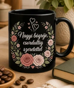 Feliratos nagyi bögre virágkoszorús dizájnnal: Nagyi bögréje, csordultig szeretettel
