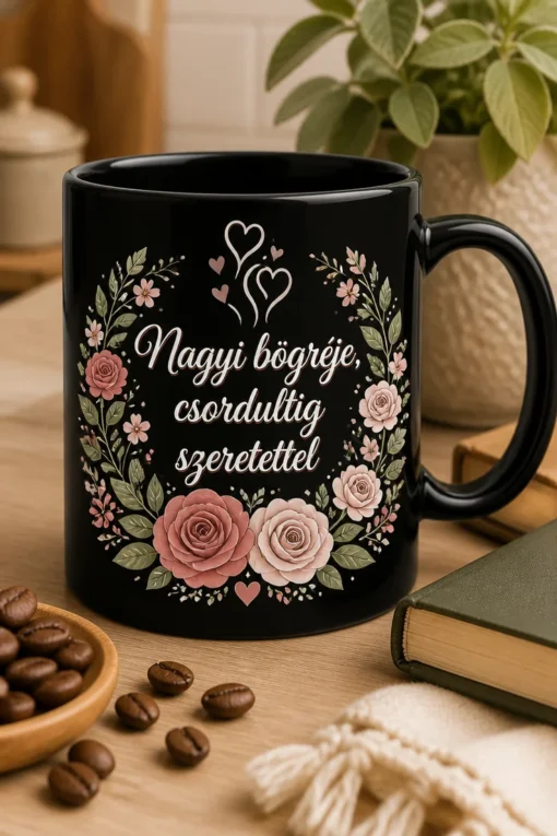 Feliratos nagyi bögre virágkoszorús dizájnnal: Nagyi bögréje, csordultig szeretettel