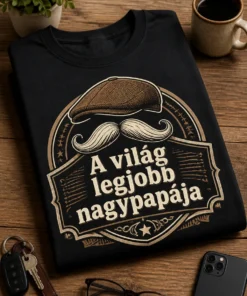 Vintage stílusú nagypapa póló „A világ legjobb nagypapája” felirattal, bajusz- és flat cap emblemmel, barna-krém retro badge dizájnnal.
