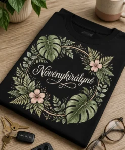 Női növényes póló növénymintás portréval és „Növénykirálynő” felirattal, lágy zsályazöld és púderrózsaszín botanika kerettel