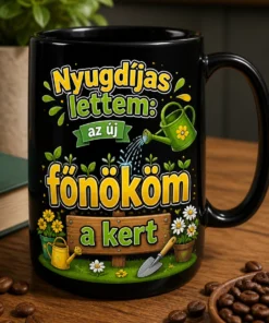 Nyugdíjas ajándék bögre vicces kertészes mintával és a felirattal: Nyugdíjas lettem: az új főnököm a kert