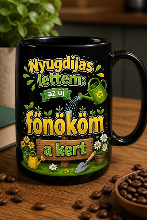 Nyugdíjas ajándék bögre vicces kertészes mintával és a felirattal: Nyugdíjas lettem: az új főnököm a kert