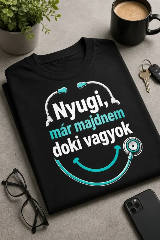Orvosi vicces póló stethoscopos, minimal dizájnnal és a „Nyugi, már majdnem doki vagyok” felirattal