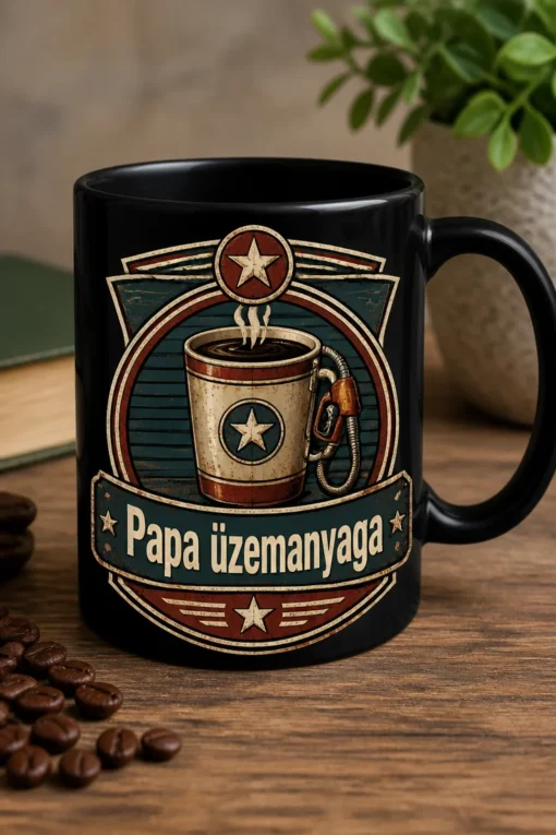 Papa üzemanyaga vintage coffee mug retro benzinkutas stílusú grafikával, középen kávéscsésze-pumpa motívummal, amerikai vintage badge dizájnnal