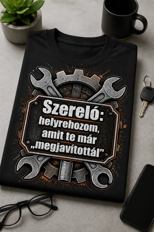 Szerelő póló mechanic emblémával, keresztbe tett villáskulccsal és fogaskerékkel, szürke-narancs ipari stílusban, szöveg: Szerelő: helyrehozom, amit te már „megjavítottál”