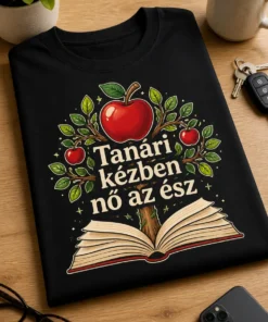 Tanári kézben nő az ész feliratos tanári póló nyitott könyvvel és almás fa grafikával
