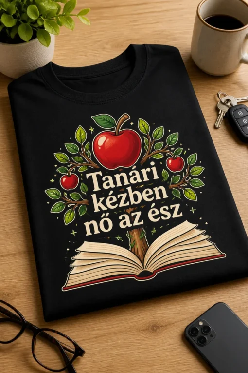 Tanári kézben nő az ész feliratos tanári póló nyitott könyvvel és almás fa grafikával