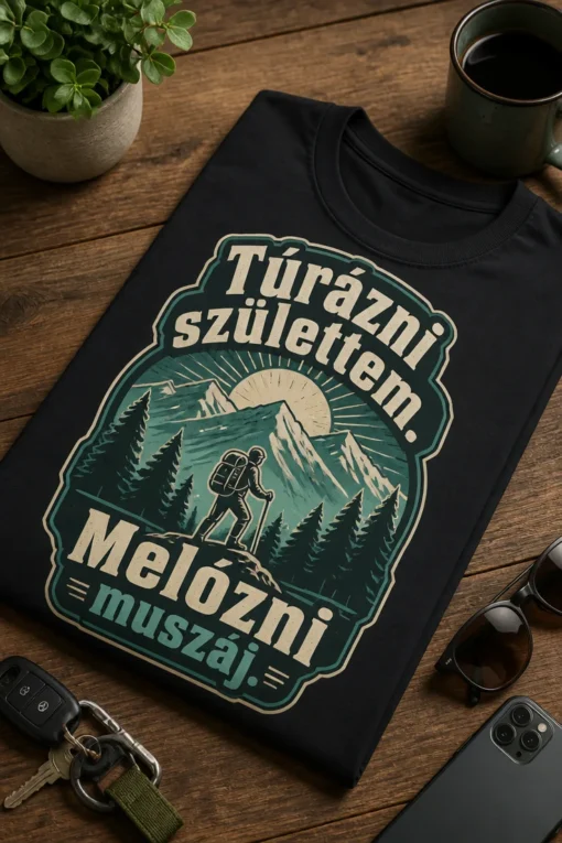 Túrázós póló vintage túra badge grafikával, hegyvonallal, napfelkeltével és fenyőfákkal, a felirat: Túrázni születtem. Melózni muszáj.