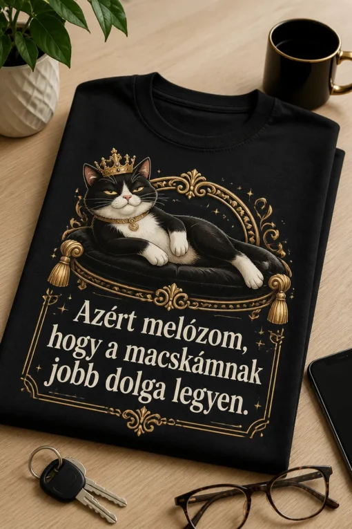 Vicces cicás póló arany koronás, elégedett macskával és elegáns, luxus hangulatú felirattal: Azért melózom, hogy a macskámnak jobb dolga legyen.
