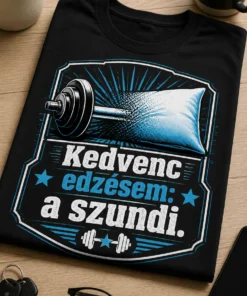 Vicces edzős póló magyar felirattal: „Kedvenc edzésem: a szundi.”, súlyzóból párnává alakuló vintage fitnesz dizájnnal.