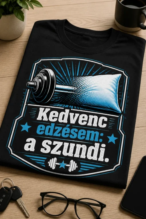 Vicces edzős póló magyar felirattal: „Kedvenc edzésem: a szundi.”, súlyzóból párnává alakuló vintage fitnesz dizájnnal.