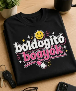 Vicces feliratos póló „boldogító bogyók” szöveggel, humoros retro-modern tipográfiával