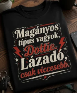 Vicces feliratos póló „Magányos típus vagyok, Dottie. Lázadó, csak viccesebb.” szöveggel, retro typografikus dizájnnal.