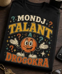 Vintage paródia grafika feliratos pólón: MONDJ TALÁNT A DROGOKRA, retró szatirikus PSA stílusban, kérdőjelekkel és vállvonó maszkottal.