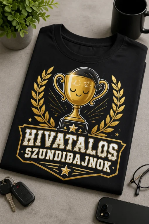 Fekete pólón arany trófeás, babérkoszorús, alvó arcú vicces szundibajnok design Hivatalos szundibajnok felirattal.