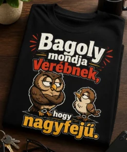 Sarcastic typographic T-shirt with the Hungarian slogan Bagoly mondja verébnek, hogy nagyfejű, bold pot and kettle illustration, retro cartoon style, high-contrast print