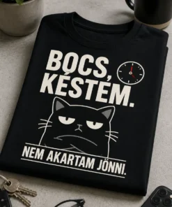 Minimalista, szarkasztikus fekete póló fehér felirattal: Bocs, késtem. Nem akartam jönni. Unott arc és apró óra motívum a mellkason.