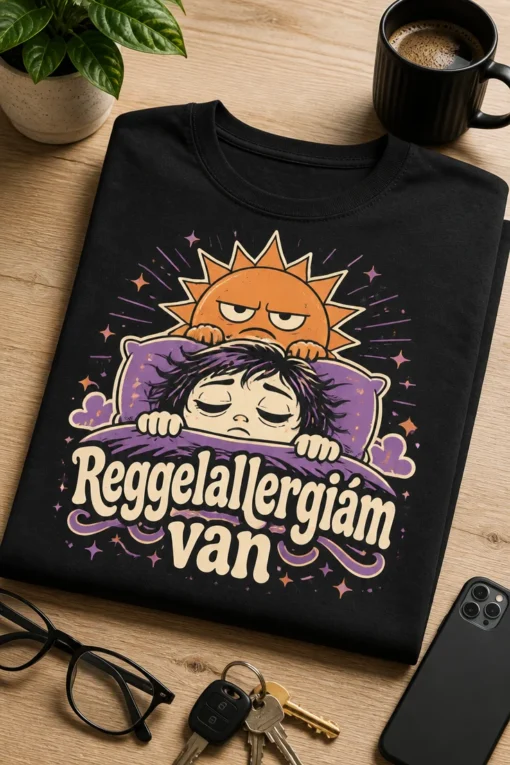Retro, vicces T-shirt grumpy napfelkelte grafikával és a „Reggelallergiám van” felirattal, magyar nyelvű, antireggeli hangulattal.