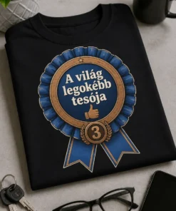 Vicces tesós póló A világ legokébb tesója felirattal, középen kék-bronz díjszalagos rozetta és hüvelykujj ikon, letisztult vintage jelvény stílusban